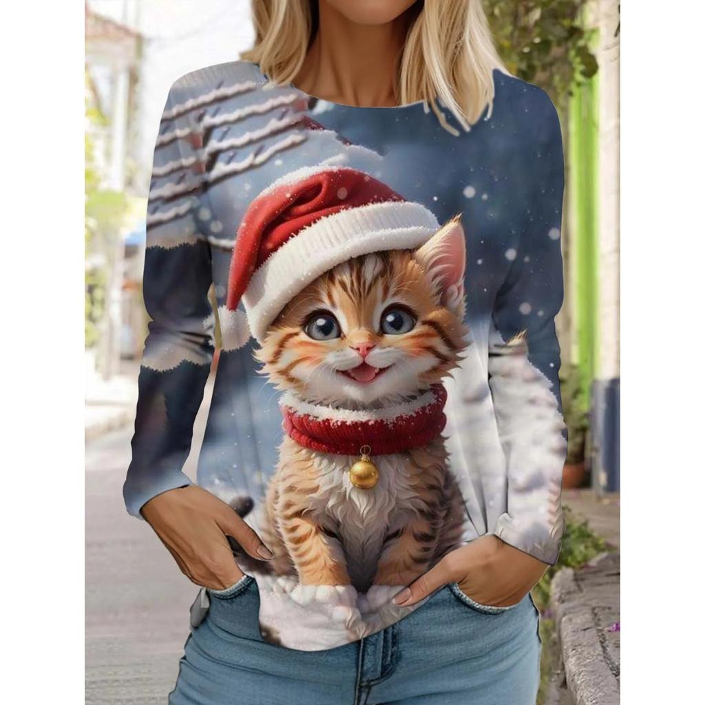 Autumn and Winter Round Neck 3D Christmas Cute Dog Printed Top Fashionable Casual Long Sleeved Women's T-shirts