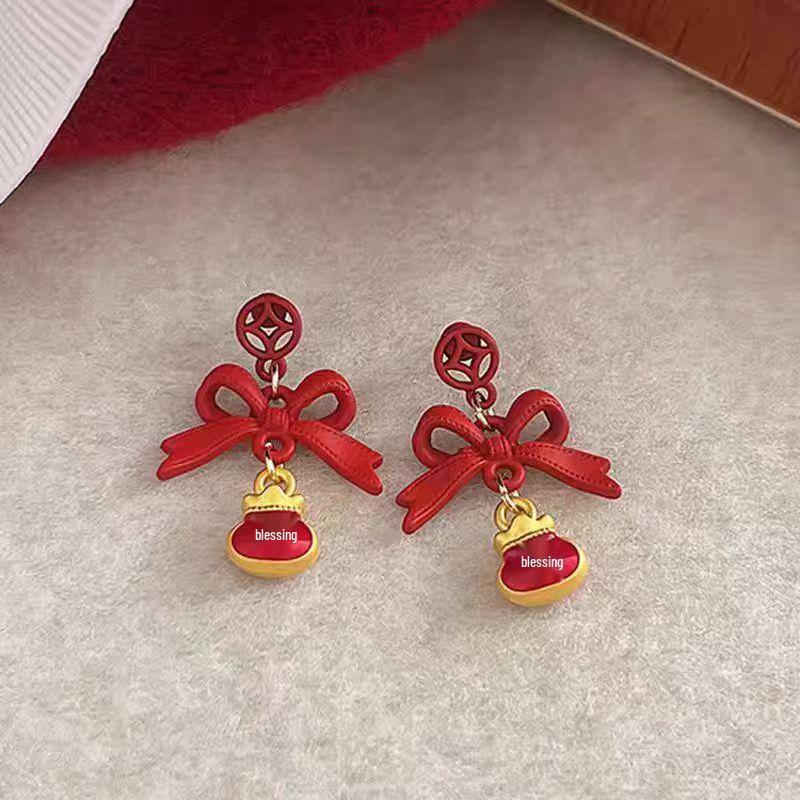 Red Bow Tassel Earrings: Festive & Fashionable High-End Chinese Style for Women красный