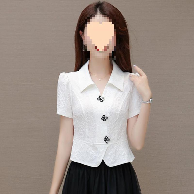 Women s Turn Down Collar Short Sleeve Blouse Slim Fit Commuter Style Cropped Shirt Chinese Knot Button Textured Top S