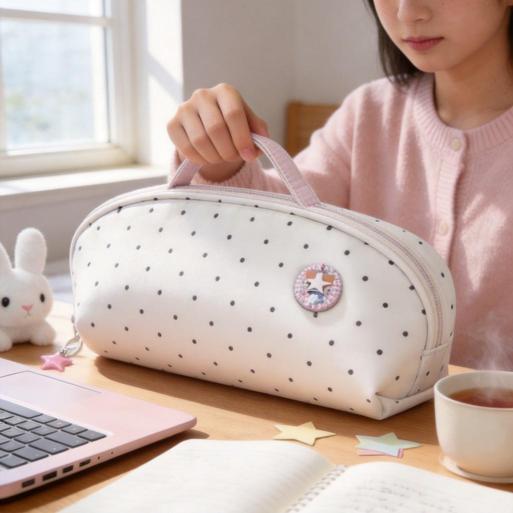 Polka Dot Shell Pencil Case Made Of Polyester For Girls And Office Supplies Storage