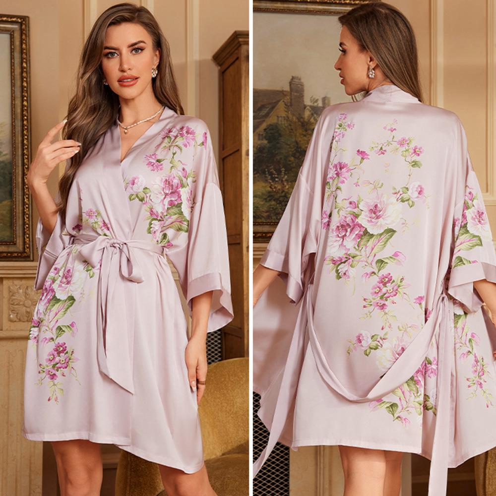 Yaoting Elegant Retro Chinese-Style Satin Nightgown for Women, Luxurious & Noble Home Bathrobe - Summer 3370.