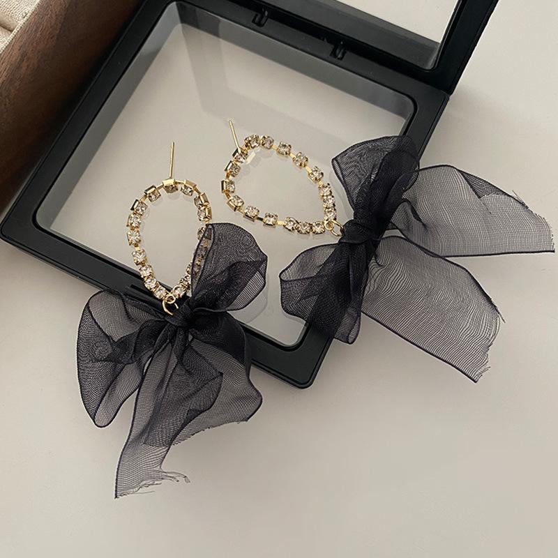 Mesh sløyfe øredobber Lang frynset atmosfære High-end øre smykker koreansk versjon av Hepburn Cold Wind øredobber kvinner