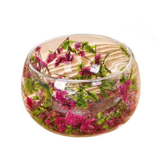 Doppelwandige Glasschale mit echten gepressten Blumen Hitzebeständig Kältebeständig Transparent Lebensmittelschale für Salat Dessert Servieren Niedliche Heimküchendekoration