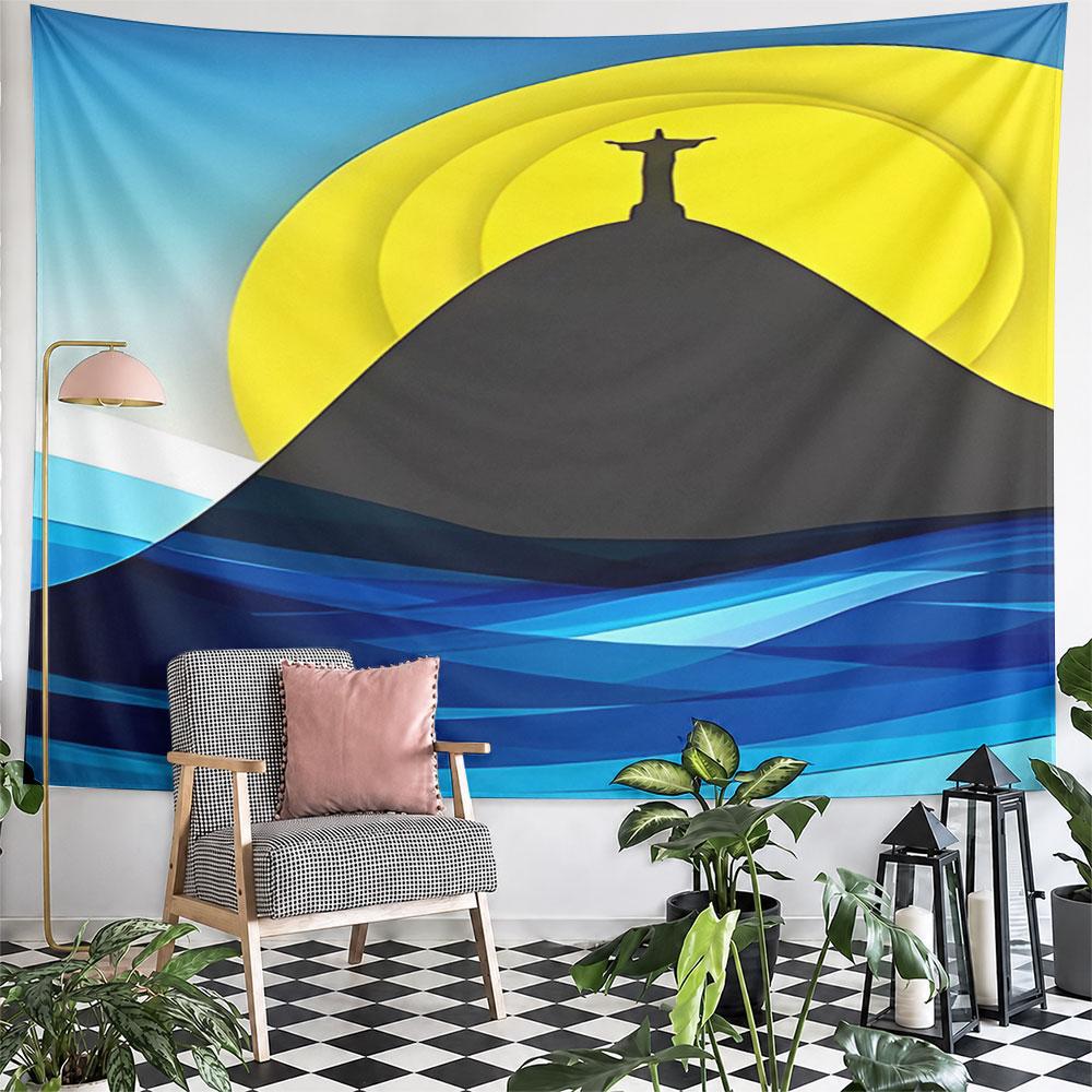 Rio Statue Silhouette with Sunset Pattern Wall Hanging Tapestry Decorative Tapestry Home Decor for Bedroom and Living Room