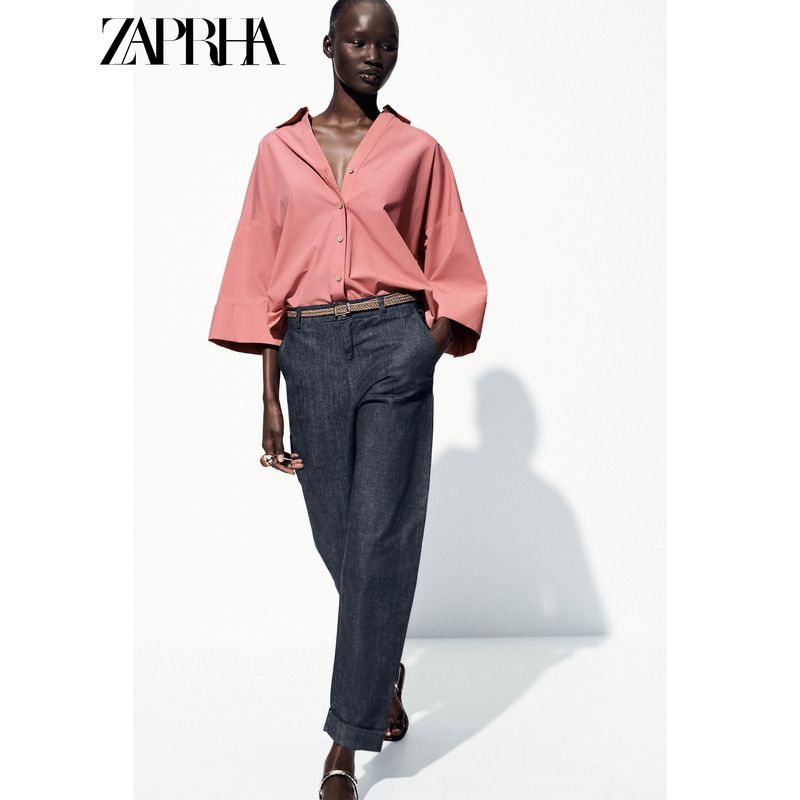 Zaprha 2025 Summer New Fashion Mid-Waist Curling Trousers Woven Belt Denim Casual Pants 2194406