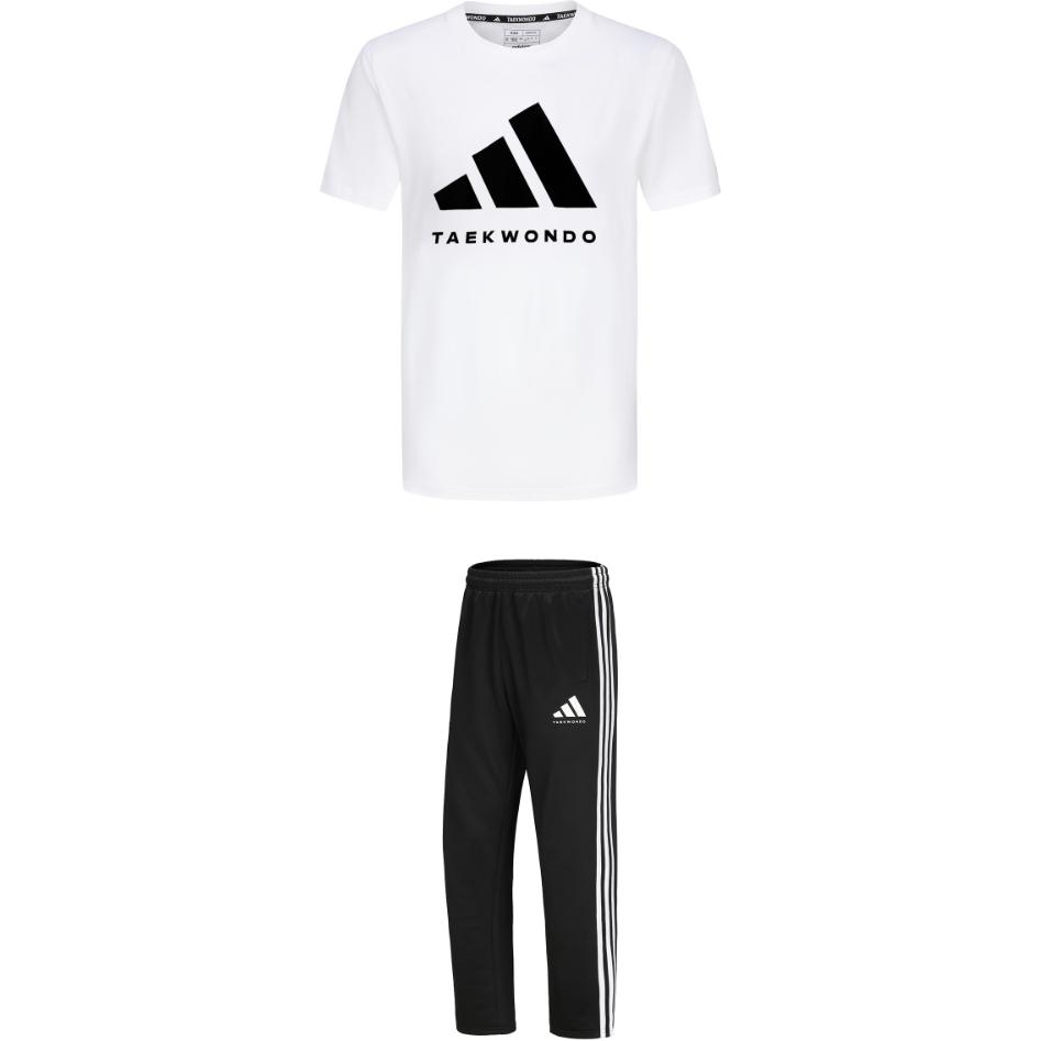 

Adidas свитер с круглым вырезом и короткими рукавами с надписью, полосатый пояс со средней посадкой, длинные брюки, повседневный спортивный комплект, комплекты унисекс ADICLTS24TK-WB+TR30PT-BW S
