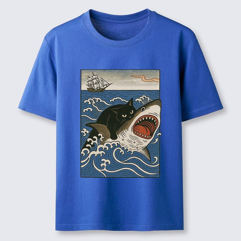Cat Hunting Shark Classic T-Shirt Fashion Short Sleeve O-neck Pure Cotton Tees Men's Sports Harajuku Chic Tunics Oversize