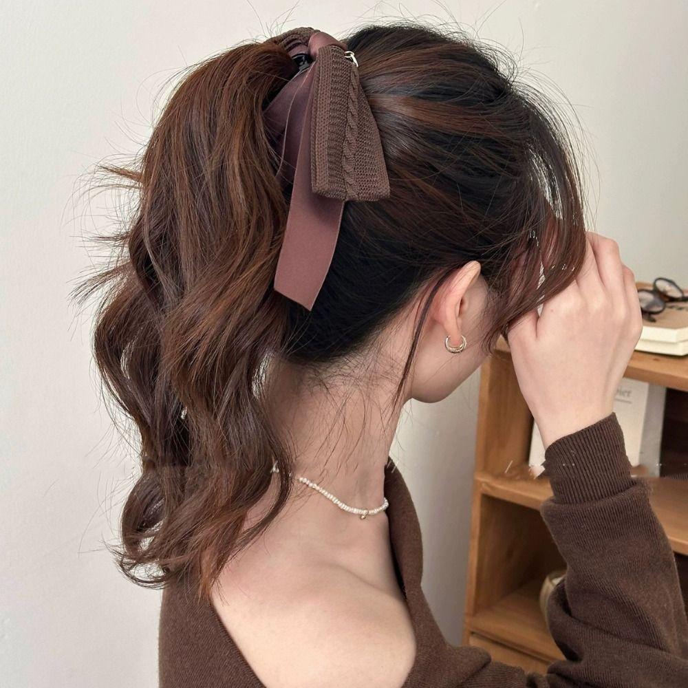 Large Size Bowknot Ribbon Hair Clip Non-Slip Hairpin Fashion Knitted Bow Banana Clip  Girl
