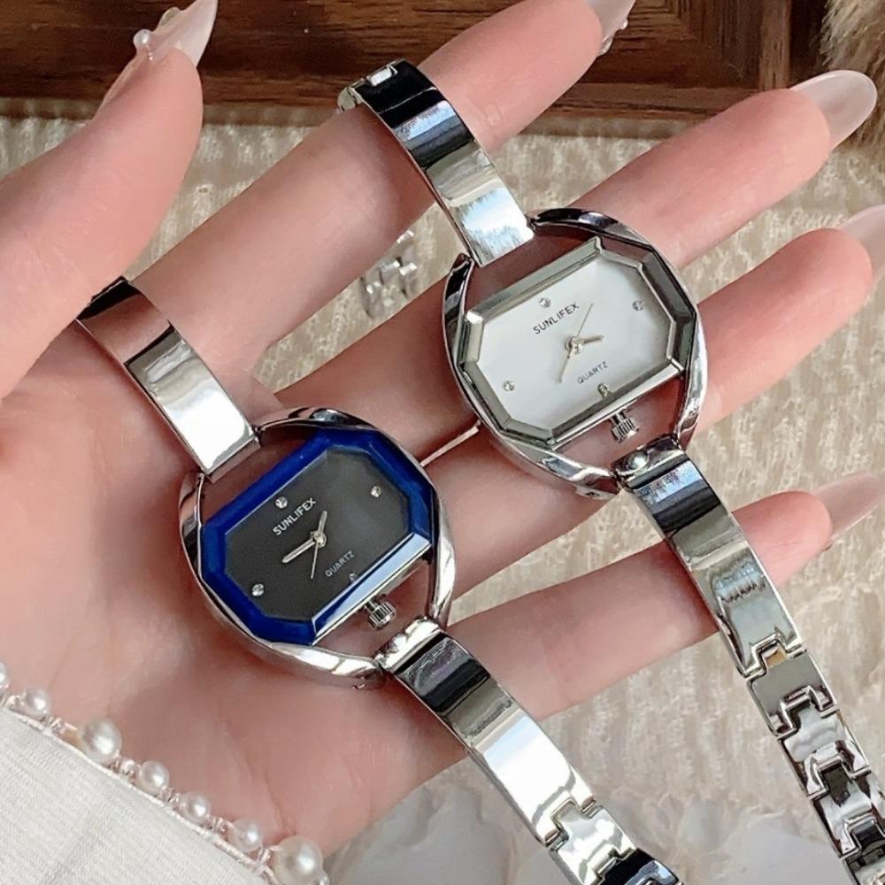 Minimalist Octagonal Rhinestone Dial Ladies Quartz Watch Thin Metal Bangle Elegant Daily Wrist Watch