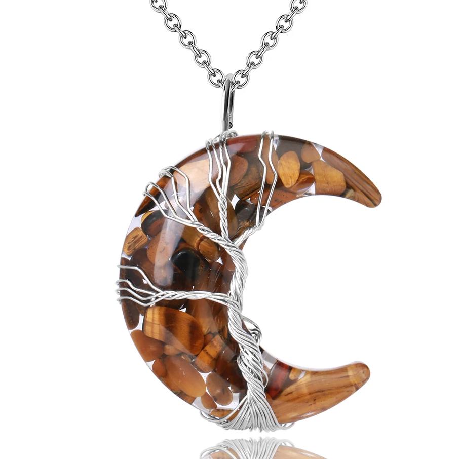 Tree of Life Necklace Wire Wrapped Crescent Moon Stone Pendant Necklaces 7 Chakra Healing Crystal Necklace For Stress Reduction