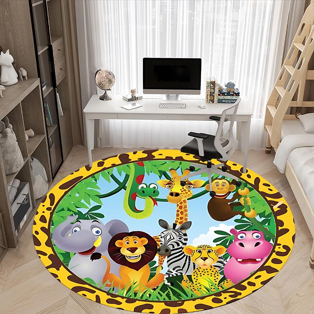 1pc Jungle Friends Chair Carpet for Office, Round Polyester Mat, Indoor Decor for Office, Easycare Fabric, Washable Non-slip Area Carpet