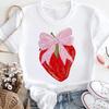 Summer Womens 90s Sweet Bow Strawberry Print Pattern Cartoon Popular Basic Round Neck Style Print Kawaii Short Sleeved Shirt