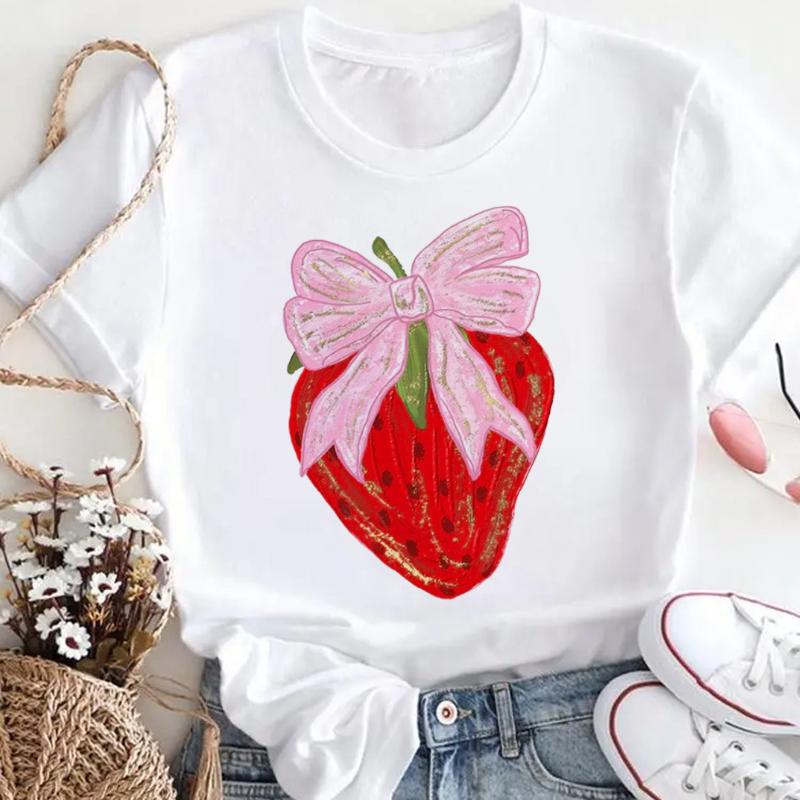 

Summer Womens 90s Sweet Bow Strawberry Print Pattern Cartoon Popular Basic Round Neck Style Print Kawaii Short Sleeved Shirt S
