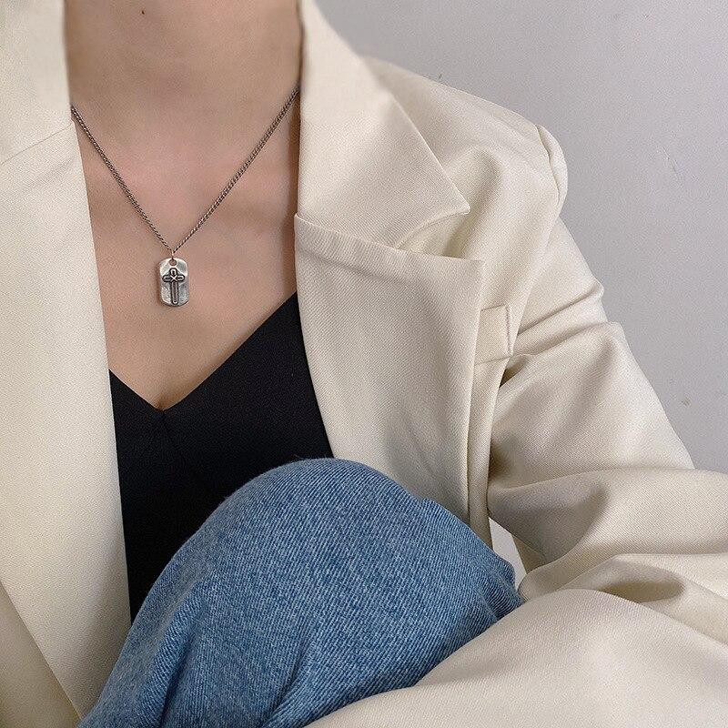New Arrival 100 %925 Sterling Silver Retro Cross Square Tag Ladies Pendant Necklace Jewelry For Women New Year Gifts