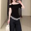 Koreanisches süßes Spice Girl schräges Schulter kurzärmeliges T-Shirt Damen Sommer Neu schlank und dünn karierte Patchwork-Optik Fake Two-Piece Top Trend