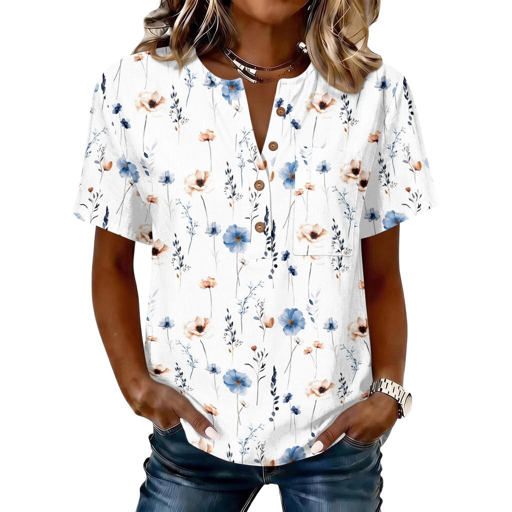 Women’s Vintage Floral Print Cotton Linen Shirt Short Sleeve Henley Neck Button Front Chest Casual Blouse Top