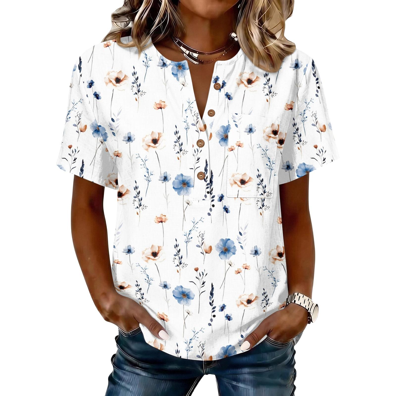 Women Vintage Floral Print Cotton Linen Shirt Short Sleeve Henley Neck Button Front Blouse Casual Loose Fit Top L синий