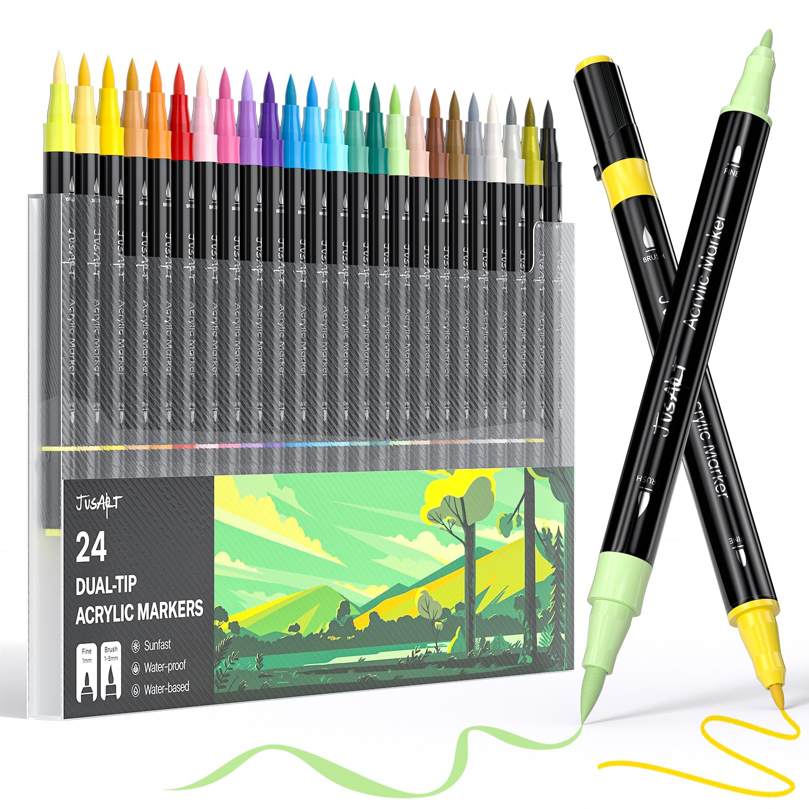 

JusArt Acrylic Marker Paint Markers with Brush Tip and Fine for Acrylic Art Writes on and Metallic Perfect for Gifts Pens, 24-Color Set, Tip,