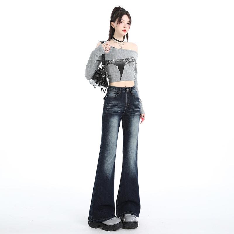 Autumn new dark blue high-waisted micro-pull jeans women's American non-stick leg elastic Spice girl straight-leg flared pants