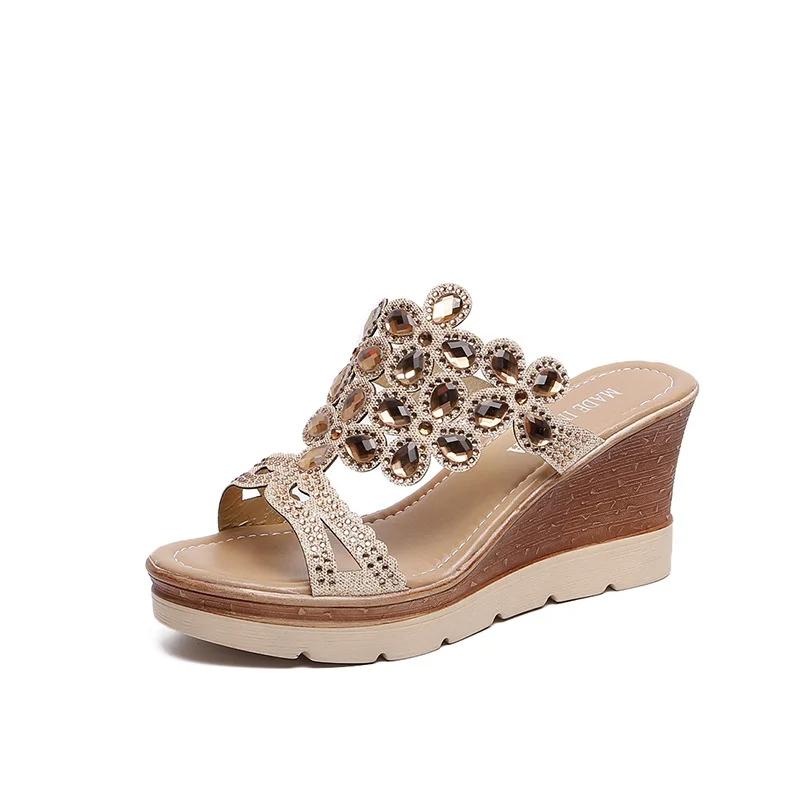 Women Summer Fashion Elegant Shoes Peep Toe Breathable Anti-slip Beach Sandals Rhinestone Slip-On Wedges Platform Sandals