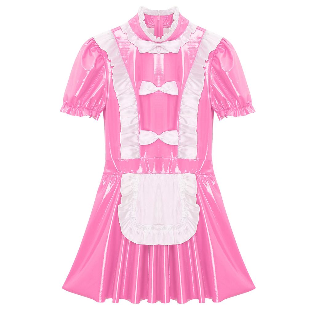 Mens Sissy Maid Dress Ruffles Trims Bow Apron Puff Sleeve A-Line Dress