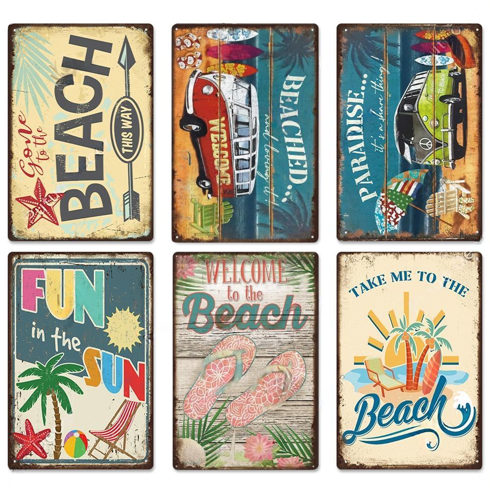 Summer Beach Decor Vintage Metal Tin Signs Plaque Metal Plate Retro Posters Wall Art Decor Seaside