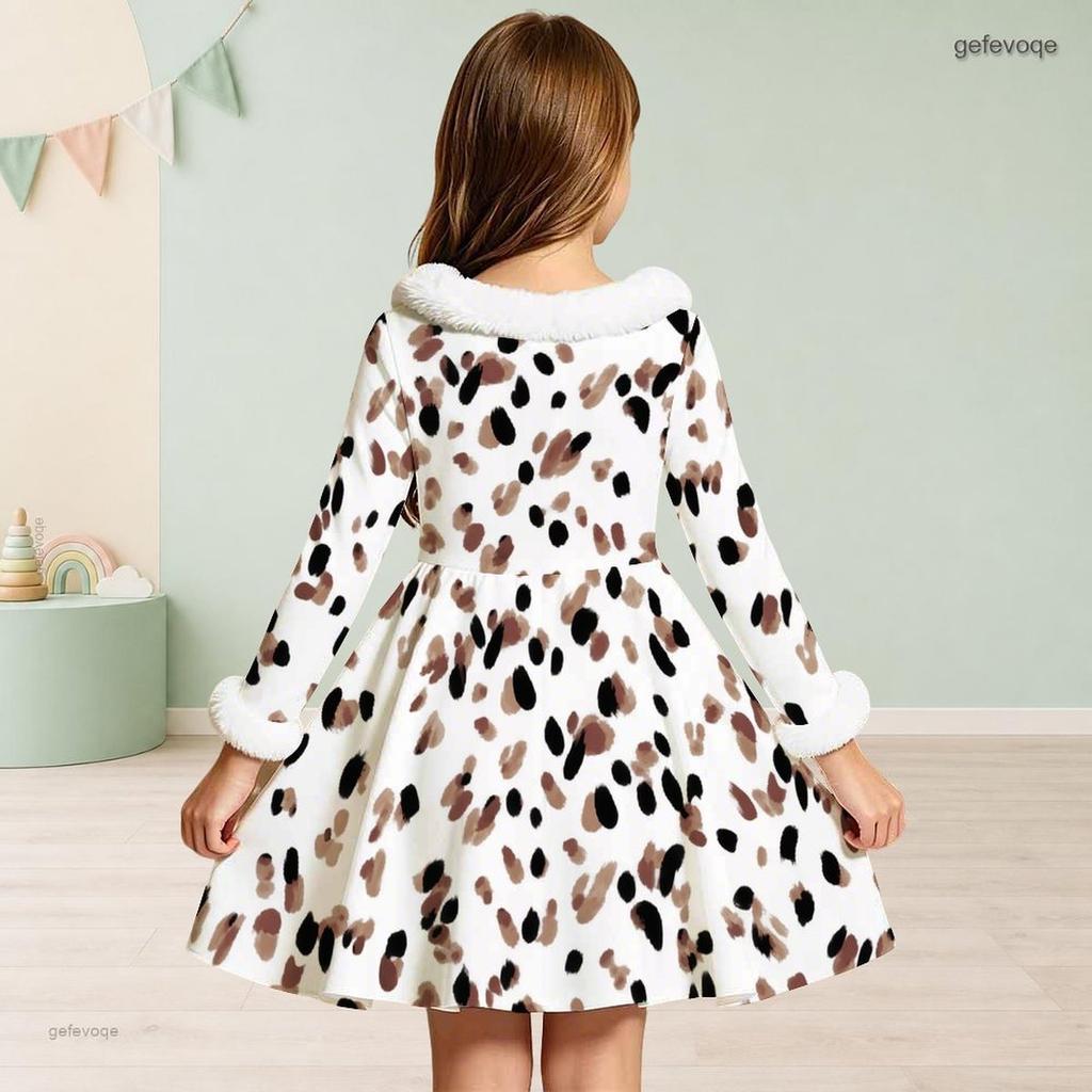 Girls High Neck Long Sleeve Geometric Printed Dress Furry Collar And Cuffs A Line Flared Hem