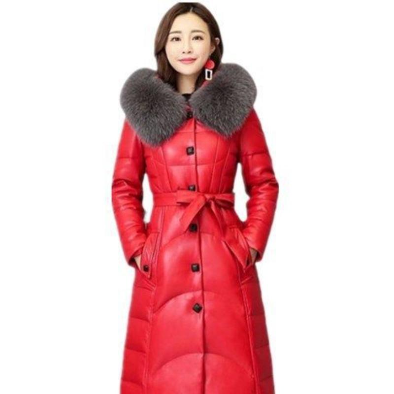 2 Leather Jacket Fur Women's Imitation Fox Fur Collar Medium and Long Hooded Cotton Thickened Slim and Thin Jacket