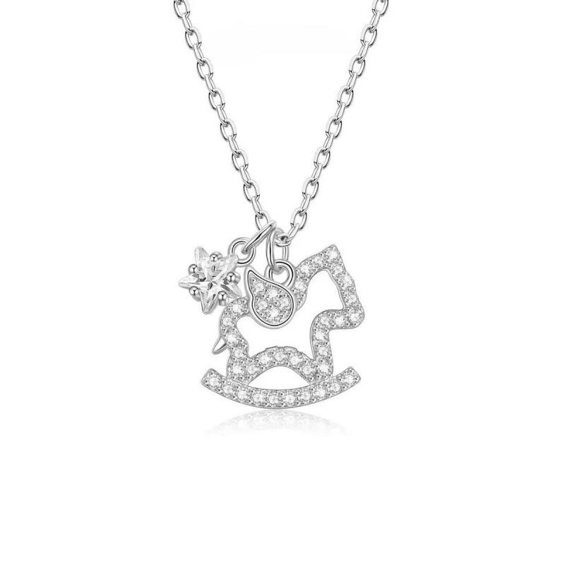 S925 Sterling Silver Rotating Carousel Pendant Necklace for Women , Light Zodiac Horse Design , Romantic Choker 925 silver белый