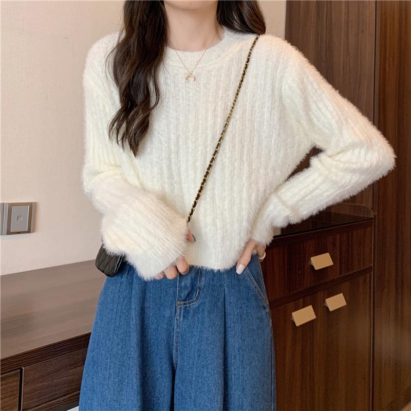 Y2K Cropped Sweater Pink Furry Solid Korean Fashion Pullover Knitted Sweaters Autumn Winter Long Sleeve Harajuku Jumper Sweater