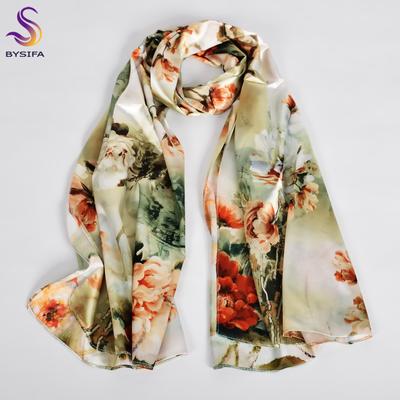 [Bysifa] Eșarfă Șal din Mătase Femei Foulard Design Nou cu Magnolii Eșarfe Lungi Dublă Față pentru Doamne Imprimat Bej Roz Hijaburi160*70Cm