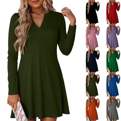 Women's Solid Color Dress Loose V-neck Casual Fashion Long Long Sleeved Dress
