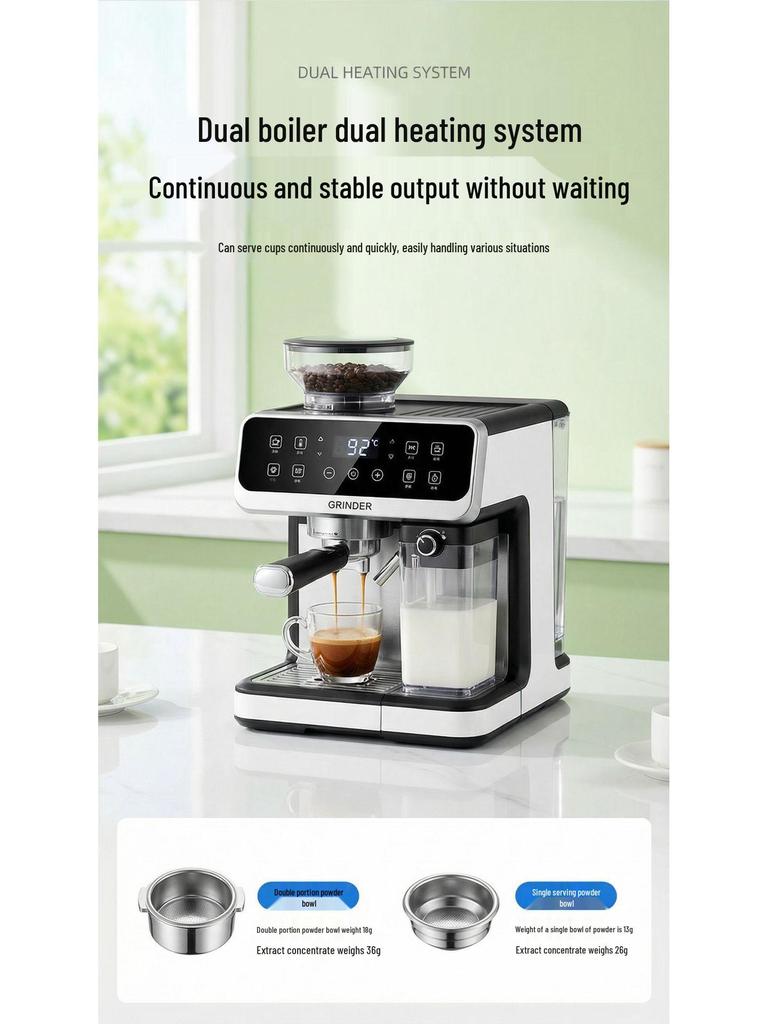Dual Boiler Coffee Machine with Grinder, Digital Display & Dual Extraction, for Home & Office