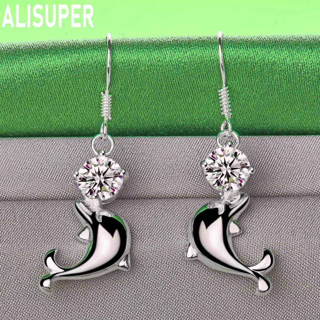 925 Sterling Silver AAA Zircon Dolphin Piercing Earrings Fashion Charm Wedding Jewelry