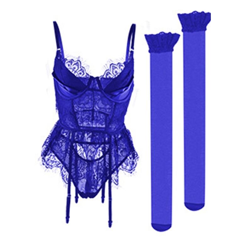 3Pcs Womens Lingerie Underwire Lace Lingerie Sets with Garter Belts One Pieced Bodysuit Teddys with Panty Stockings