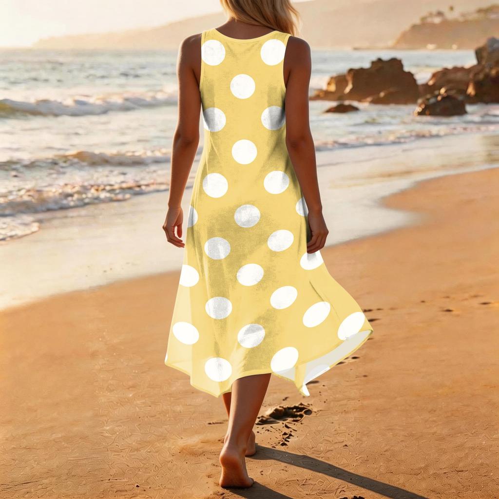 Women Sleeveless Polka Dot Print Midi Dress Crew Neck Casual Loose Fit Asymmetrical Hem Lightweight Sundress