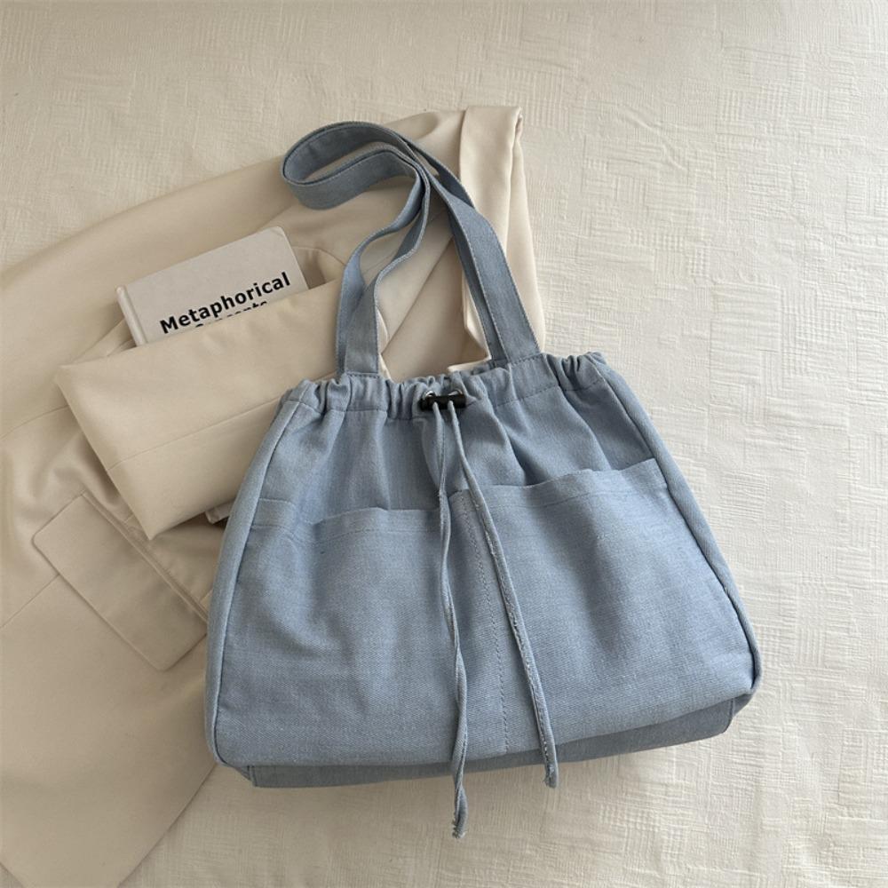 Casual Denim Tote Bag Large Capacity Canvas Bucket Bag Oxford Drawstring Shoulder Bag  Travel