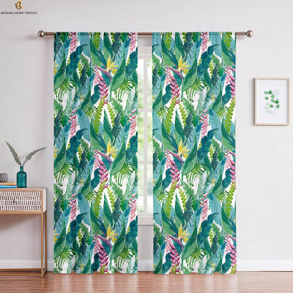 2pcs Tropical Vegetation Leaves 3D Printed Curtain Rod Pocket Machine Washable Bedroom Living Room Kitchen Decorative Curtains