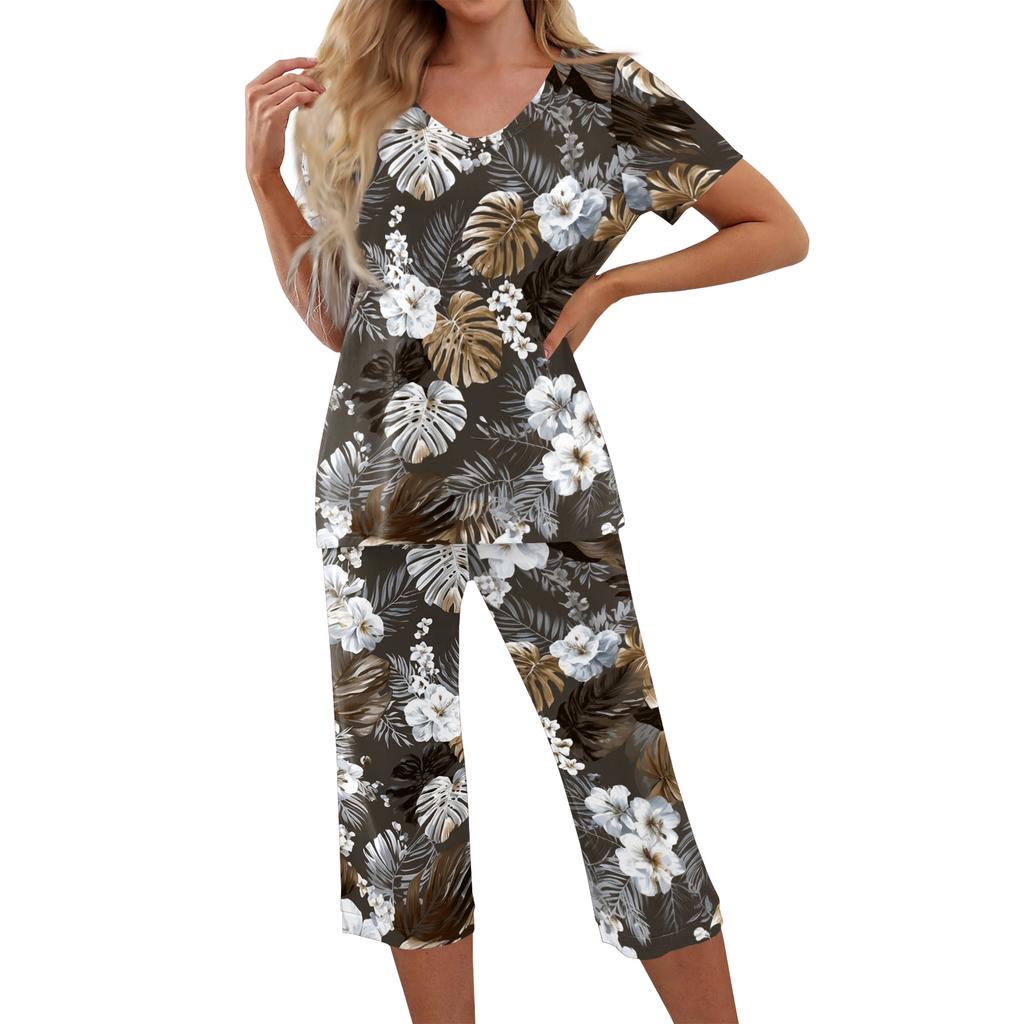 2 Piece Sets For Women Short Sleeve Top And Pants With Pockets Workout Soft  Print Sets