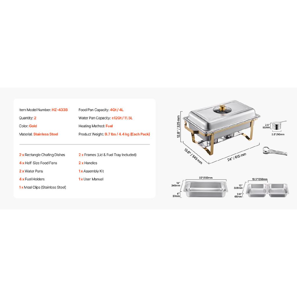 VEVOR Chafing Dish Buffet Set 8 Qt Stainless Steel Chafer with  Full Size Pans Rectangle Catering Warmer Server with Glass Lid