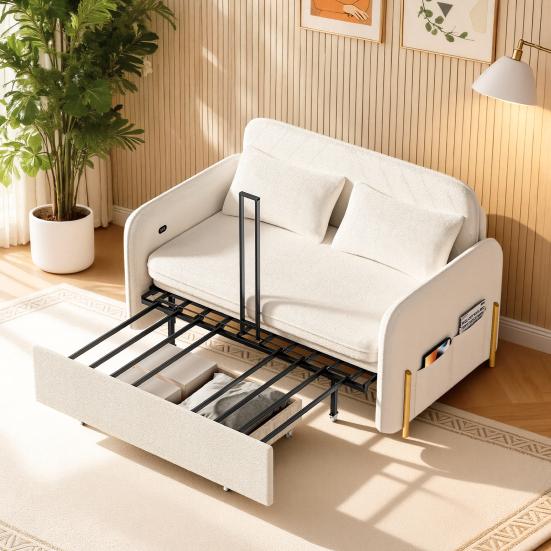 Convertible Sleeper Sofa 3-In-1 Bed, Boucle Loveseat with Put Out Bed And Drawer, Couch Love Seat Side Pockets, 2 Pillows, USB Ports Gold Metal Legs,