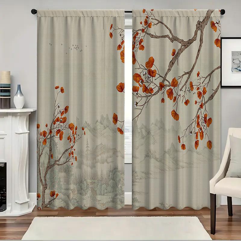Home Flowers Birds Curtains Landscape Background Kitchen Coffee Shop Living Room Bacon Curtain With Pole Pocket Polyester Perfect For Sitting
