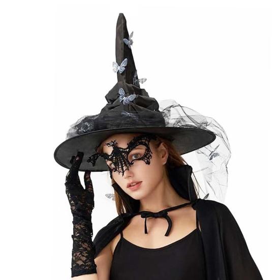 Čarodějnický klobouk Síťovaná příze Kryt Design motýlů Dámský cosplay klobouk Halloweenská tématika Magický záhadný doplněk