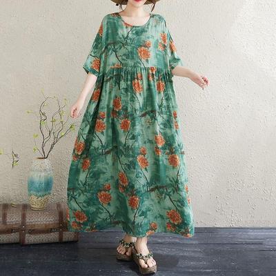 Abito estivo lungo e largo casual da donna, in cotone vintage, con maniche corte e taglie forti, floreale, nuovo di zecca.