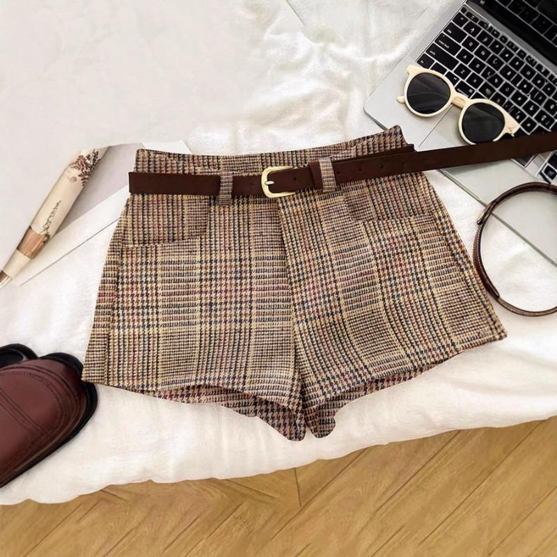 Fall Winter Plaid High Waist Shorts Belted Pocket Detail Casual Wide Leg Shorts S кофейный
