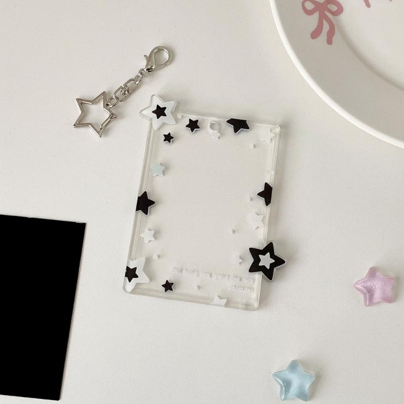 Star Print Photo Card Case with Keychain Clip 3Inch Photo Protectors Waterproof Acrylic Card Covers for Badges Photos