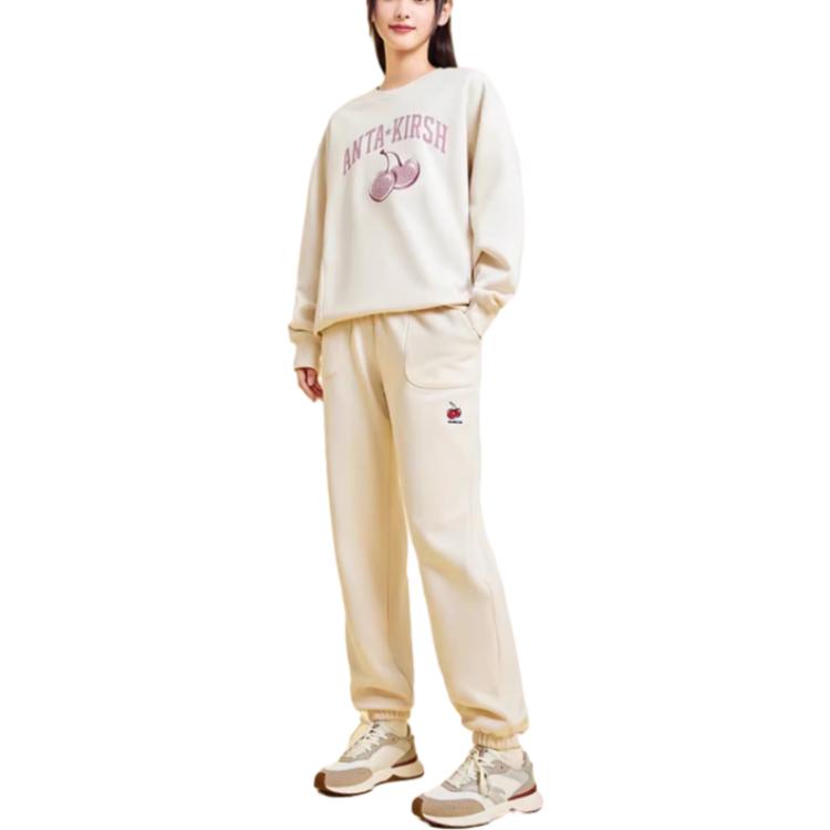Anta Lifestyle Series Solid Color Mid Waist Tapered Knit Sports Pants Women bottoms Stone-White 962348311-1