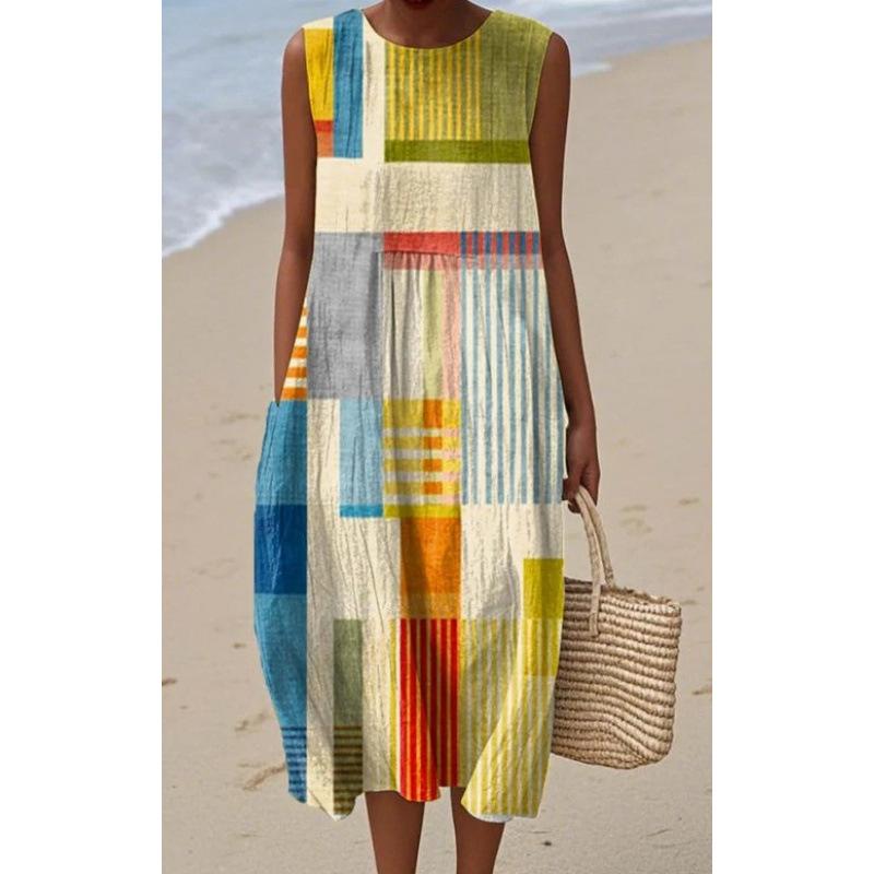 Summer new sleeveless pocket casual printing temperament long dress dress slim dress