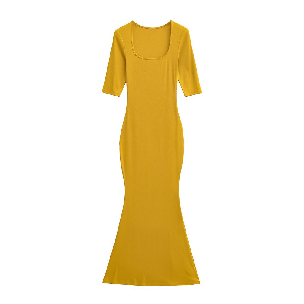 Spicy Girl Slim-Fit Trapezoid Neck Mid-Sleeve Fishtail Dress - Waist-Cinching, Figure-Flattering Skirt