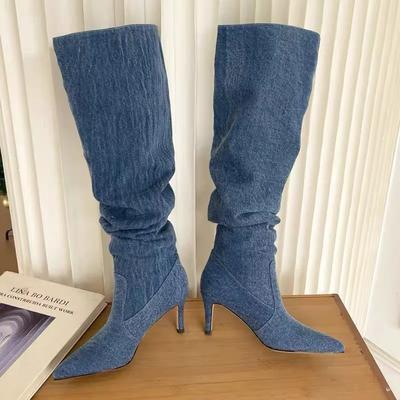 2024 Pleated High Heels Denim Boots for Women 2024 Autumn Jeans Knee High Cowboy Boots Woman Blue Thin Heeled Long Botas Feminina